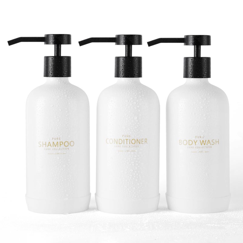 Janxin Shampoo and Conditioner Dispenser Set of 3 Refillable 21oz Shampoo Bottles with Non-Slip Protective Silicone Pad Shower Soap Dispenser with Waterproof Labels for Bathroom (White) - Image 1